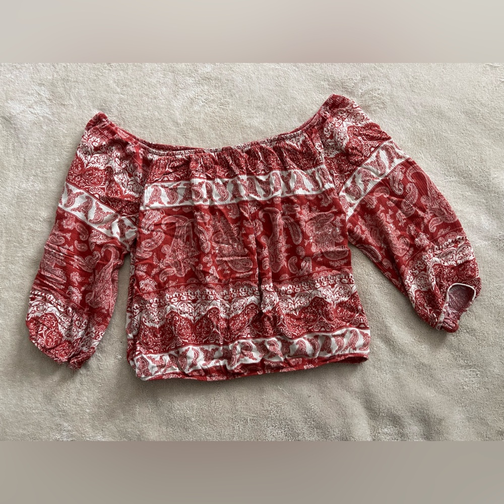 Red and White Paisley Top